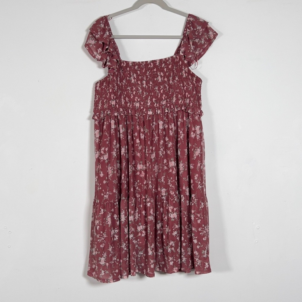 Arula Smocked Tiered Mini Dress Womens Sz X14-16 Pink Floral Mesh Ruffle Sleeve